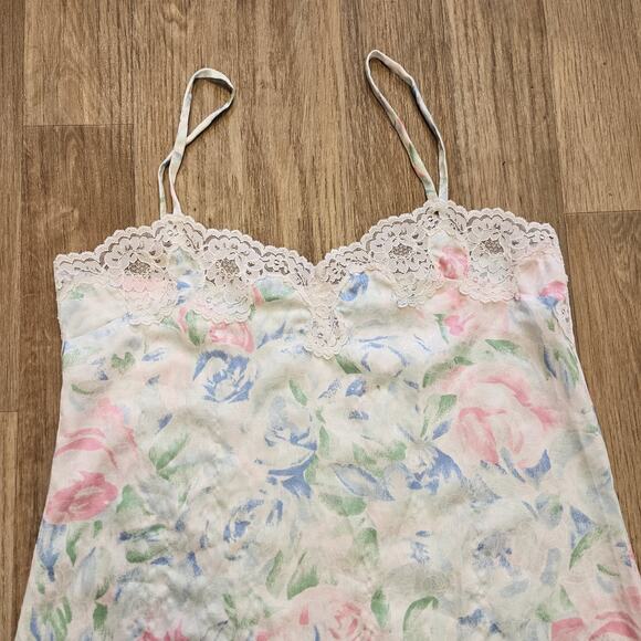 Vtg Floral Slip Dress Womens L Pastel Lace Trim Cottagecore Coquette Romantic - Picture 2 of 7